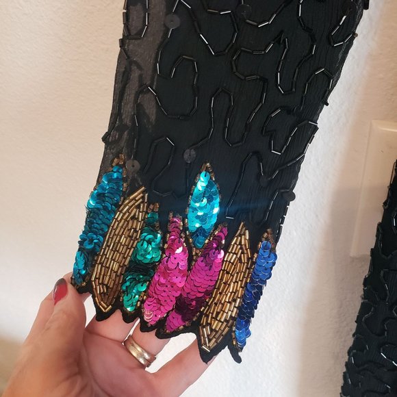 Black Sequined Evening Dress Size 6 Creative Creations Knee Length Colorful - Picture 4 of 7